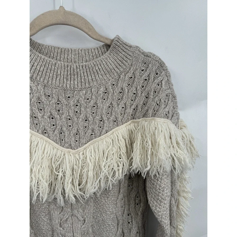 Amur Sweater Women Large Gray Cable Knit Western Fringe Fisherman‎ Sweater Wool